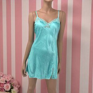 Vintage Y2K Victorias Secret Turquoise Blue Lace Trim Slip Dress Satin Nightgown